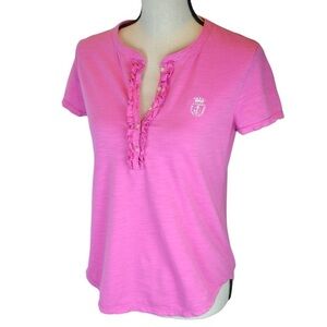 Lauren Ralph Lauren Pink Ruffle Half Button Short Sleeve Top, Small Crown Anchor